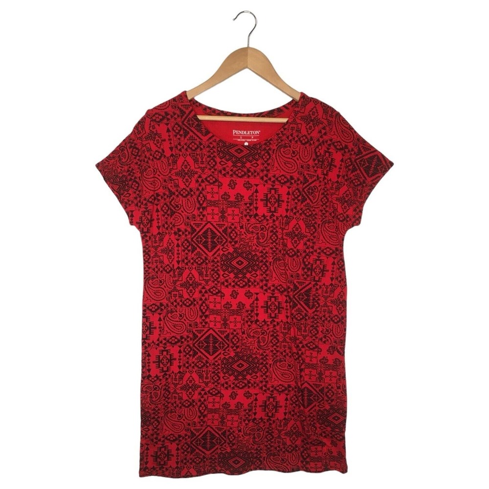Pendleton Dress Womens S Short Sleeve Round Neck Paisley Geometric Logo Red